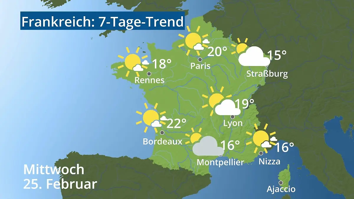 Frankreich: Wie wird das Wetter? Video 7-Tage-Trend: Paris, Straßburg, Nizza, Korsika