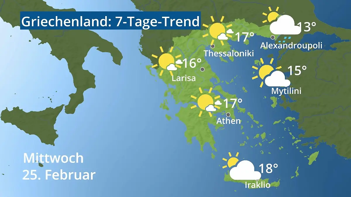 Griechenland: Wie wird das Wetter? Video 7-Tage-Trend: Athen, Kreta, Lesbos