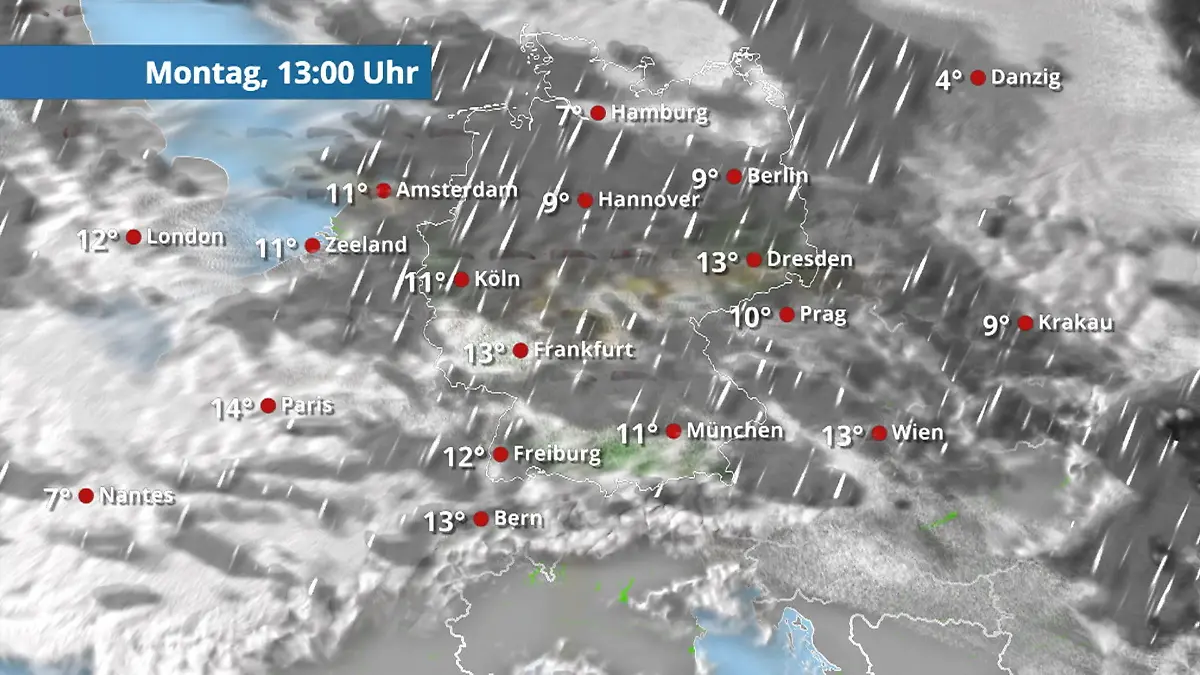 Der Regen- und Wolkenfilm für die kommenden 48 Stunden Regen und Schnee
