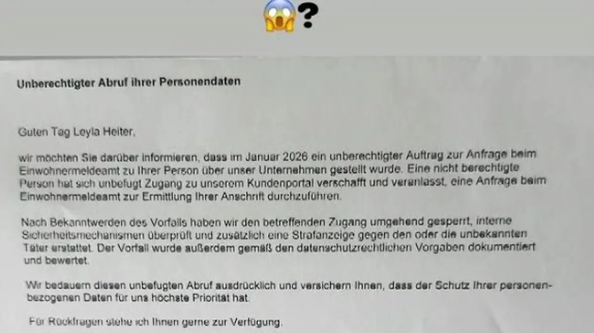 Leyla Heiter wurde benachrichtigt, jemand habe unberechtigt versucht, beim Einwohnermeldeamt Informationen über ihre Anschrift zu erhalten.