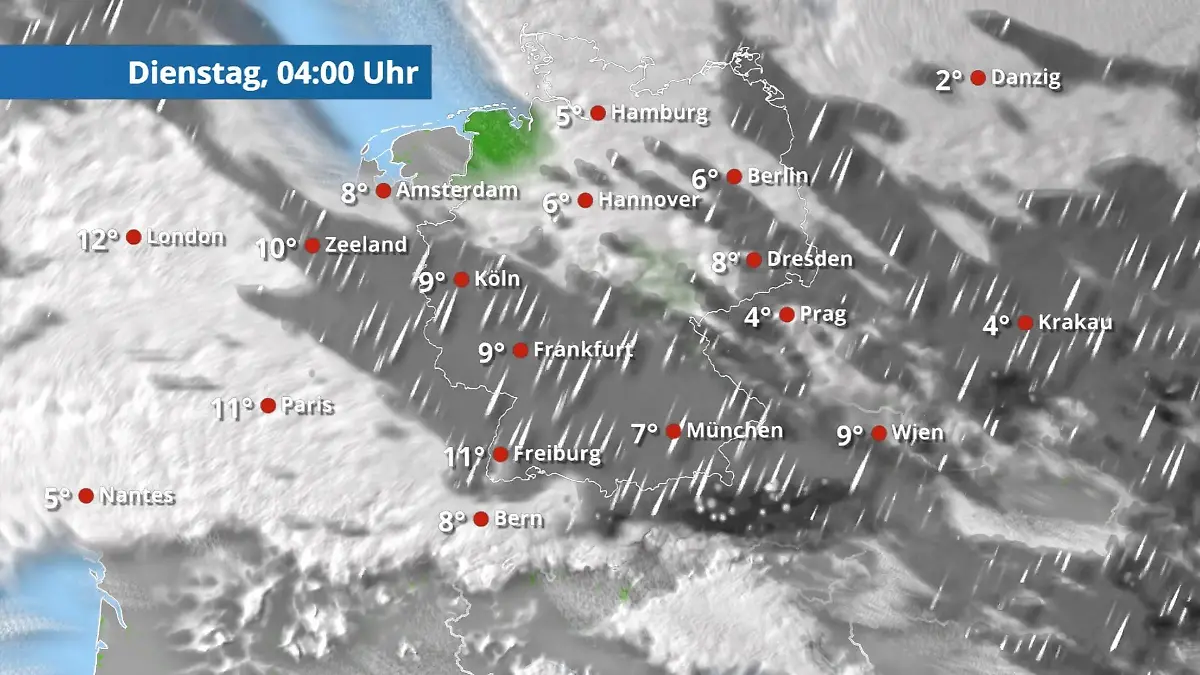 Nach wechselhaftem Wochenstart schrittweise freundlicher Der Regen- und Wolkenfilm für 48 Stunden