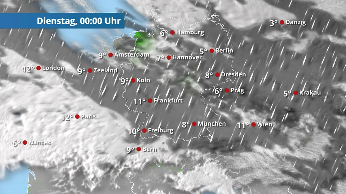 Der Regen- und Wolkenfilm für die kommenden 48 Stunden Regen und Schnee