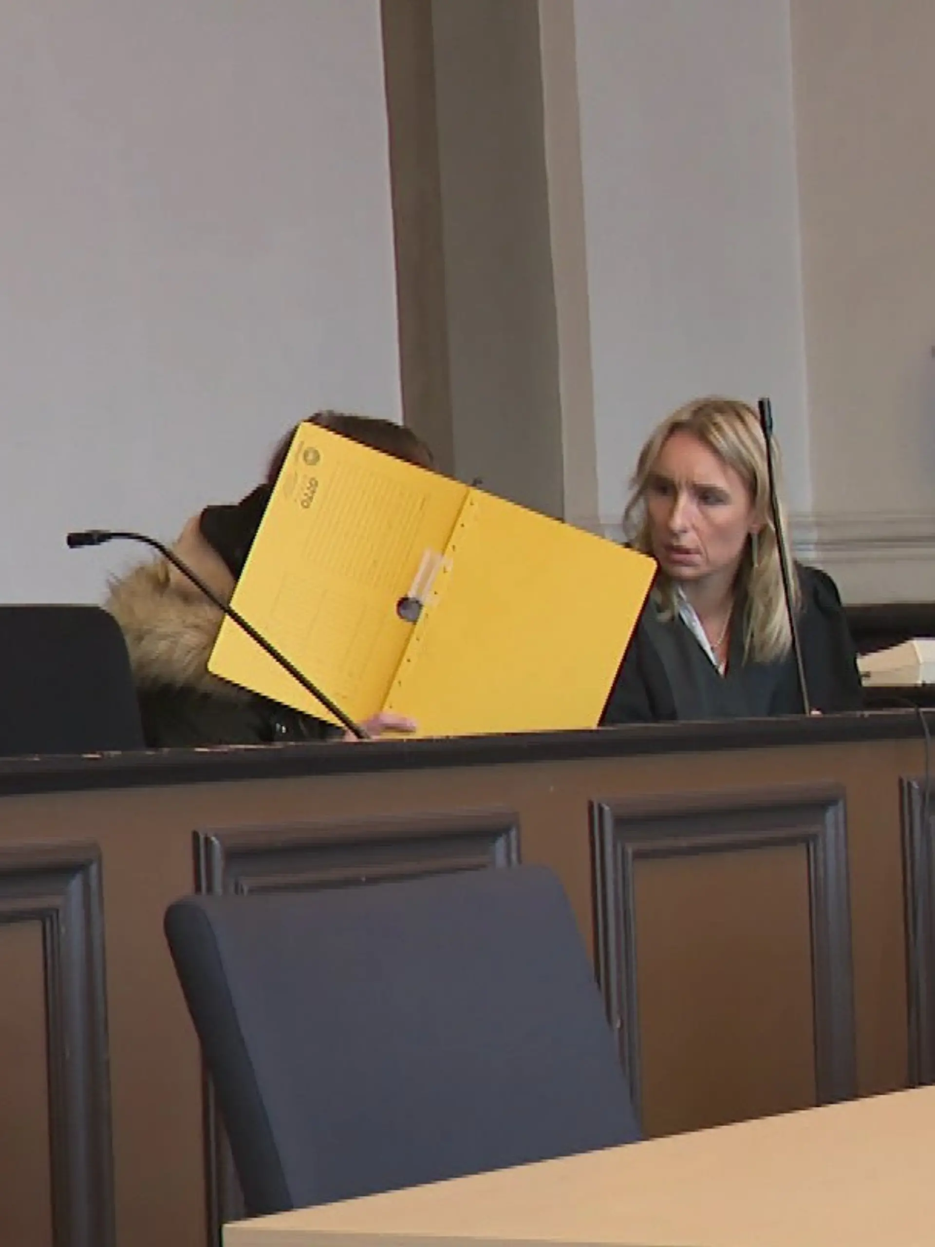 Die Angeklagte und ihre Verteidigerin sitzen auf der Anklagebank im Landgericht Verden.