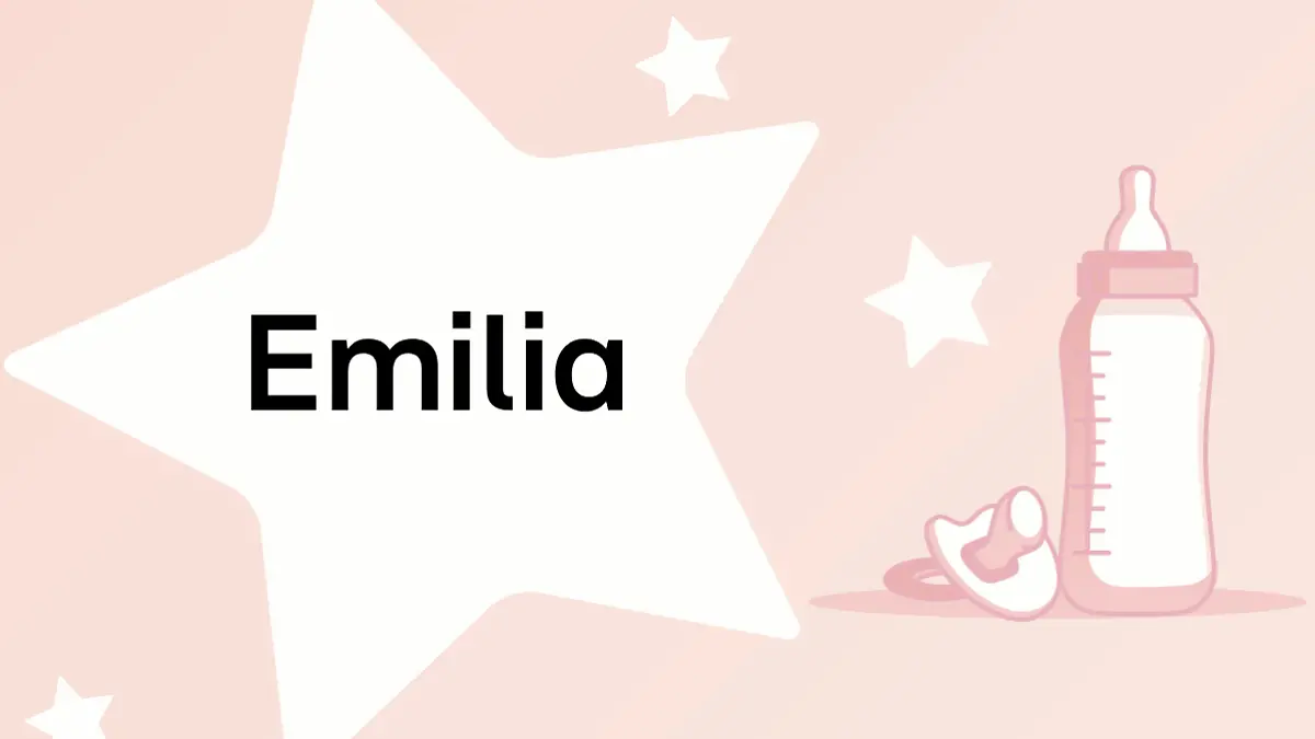 Schriftzug des Vornamens Emilia auf rosa Hintergrund mit Sternen