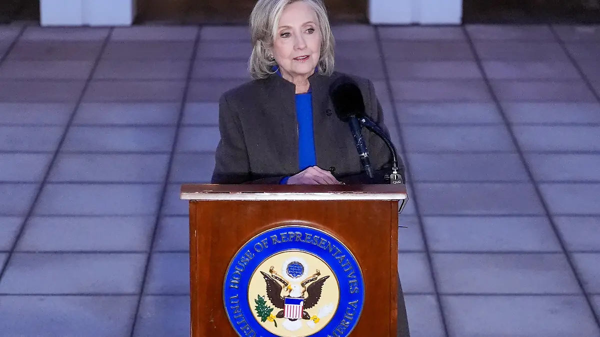 Former Secretary of State Hillary Clinton speaks outside the Chappaqua Performing Arts Center, after testifying before U.S. House lawmakers as part of a congressional investigation into convicted sex offender Jeffrey Epstein, Thursday, Feb. 26, 2026, in Chappaqua, N.Y. (AP Photo/Yuki Iwamura)