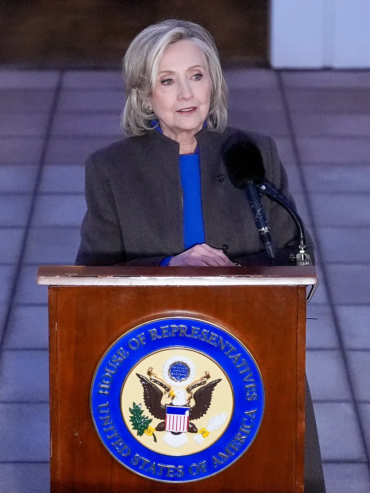 Former Secretary of State Hillary Clinton speaks outside the Chappaqua Performing Arts Center, after testifying before U.S. House lawmakers as part of a congressional investigation into convicted sex offender Jeffrey Epstein, Thursday, Feb. 26, 2026, in Chappaqua, N.Y. (AP Photo/Yuki Iwamura)