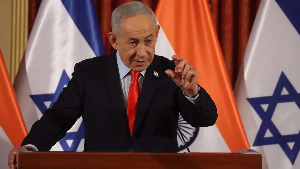 Israels Ministerpräsident Benjamin Netanjahu spricht während einer Pressekonferenz mit seinem indischen Amtskollegen Modi. +++ dpa-Bildfunk +++
