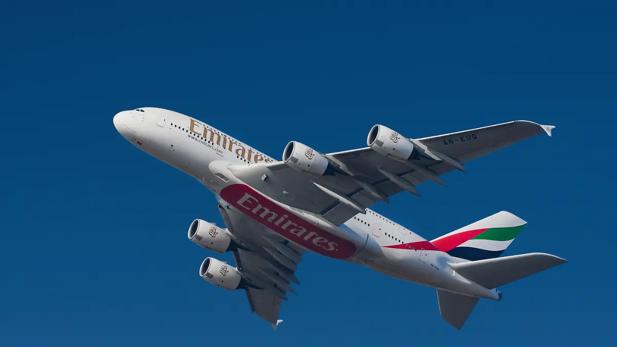 An Emirates Airbus A380 airliner departing from Vaclav Havel Airport Prague, Czech Republic, on February 27, 2026. (CTK Photo/Petr Malina)