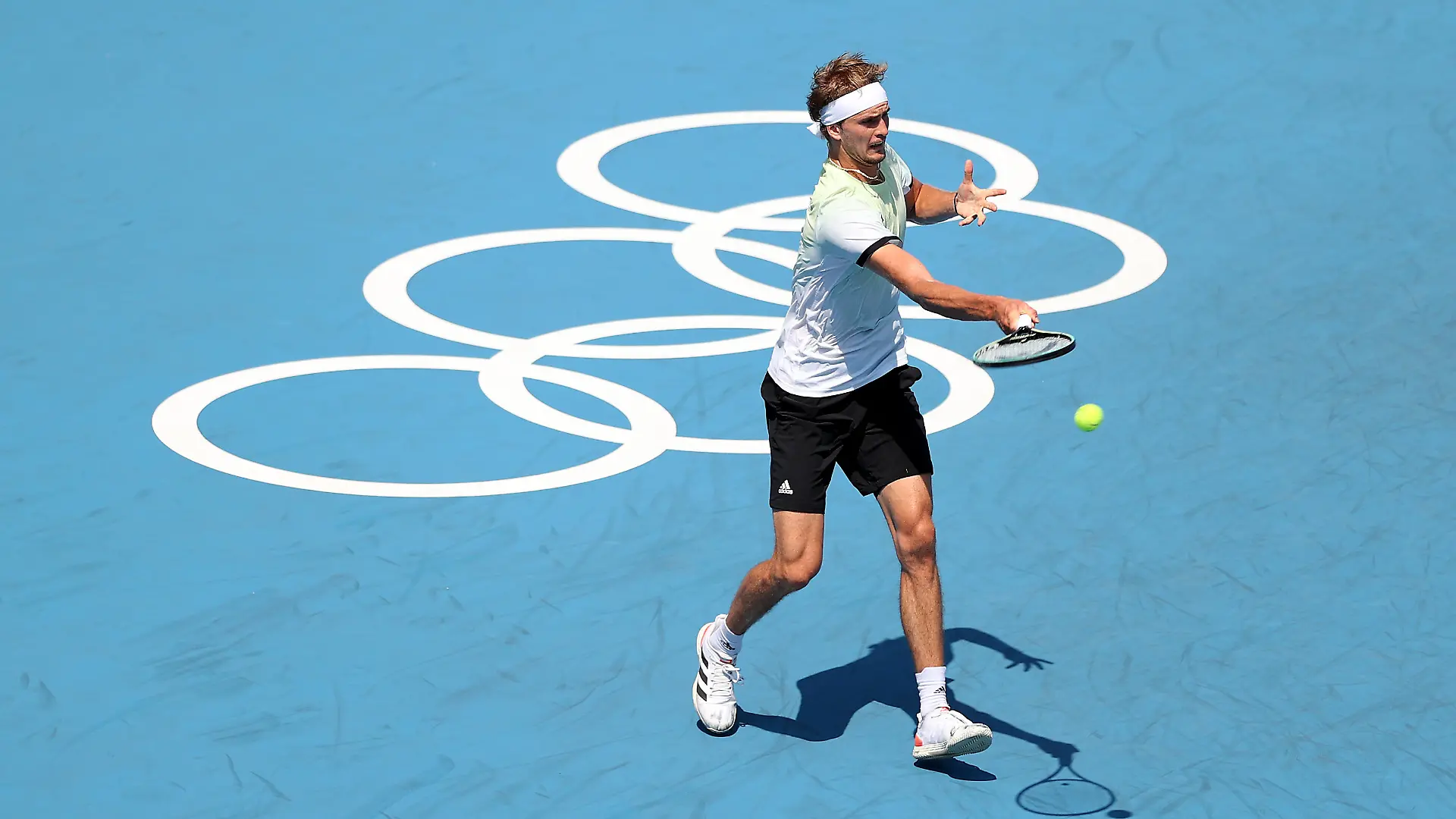 TOKYO, JAPAN - JULY 25: Alexander Zverev of Team Germany plays a forehand during his Men's Singles First Round match against Yen-Hsun Lu of Team Chinese Taipei on day two of the Tokyo 2020 Olympic Games at Ariake Tennis Park on July 25, 2021 in Tokyo, Japan. (Photo by Patrick Smith/Getty Images)