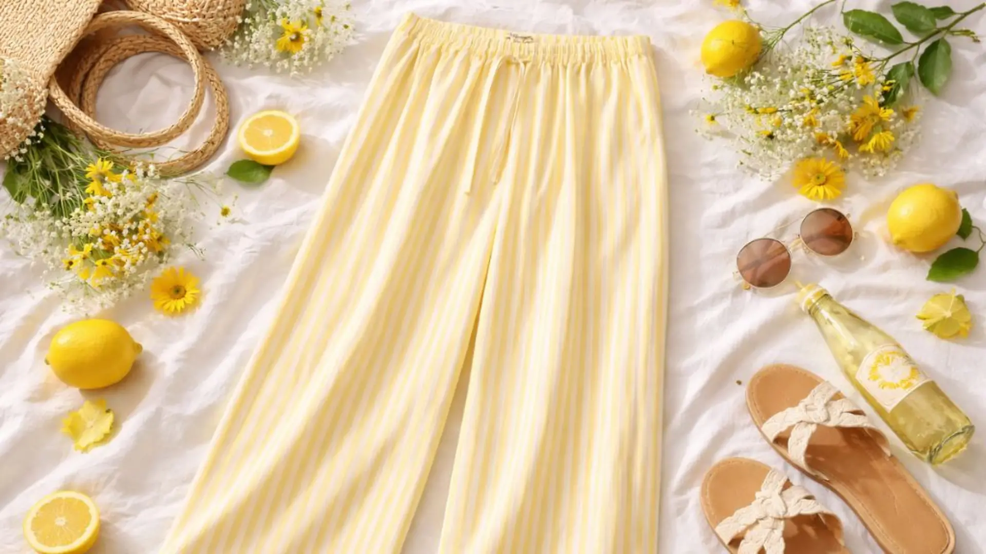 Die hellgelb-weiße Marlenehose aus Viskose-Mix kombiniert luftige Weite mit frischer Frühlingsfarbe.