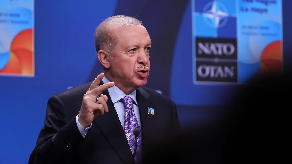 Recep Tayyip Erdogan, President of Turkey, attends a press conference at the NATO Summit at the World Forum in The Hague, Netherlands, on June 25, 2025. The North Atlantic Treaty Organization (NATO) is an international political and military organization established by the North Atlantic Treaty. Its members commit to protecting each other from any threat. The NATO Summit takes place this year in The Hague, where the NATO Public Forum and the NATO Summit Defense Industry Forum are held. (Photo by Klaudia Radecka/NurPhoto)