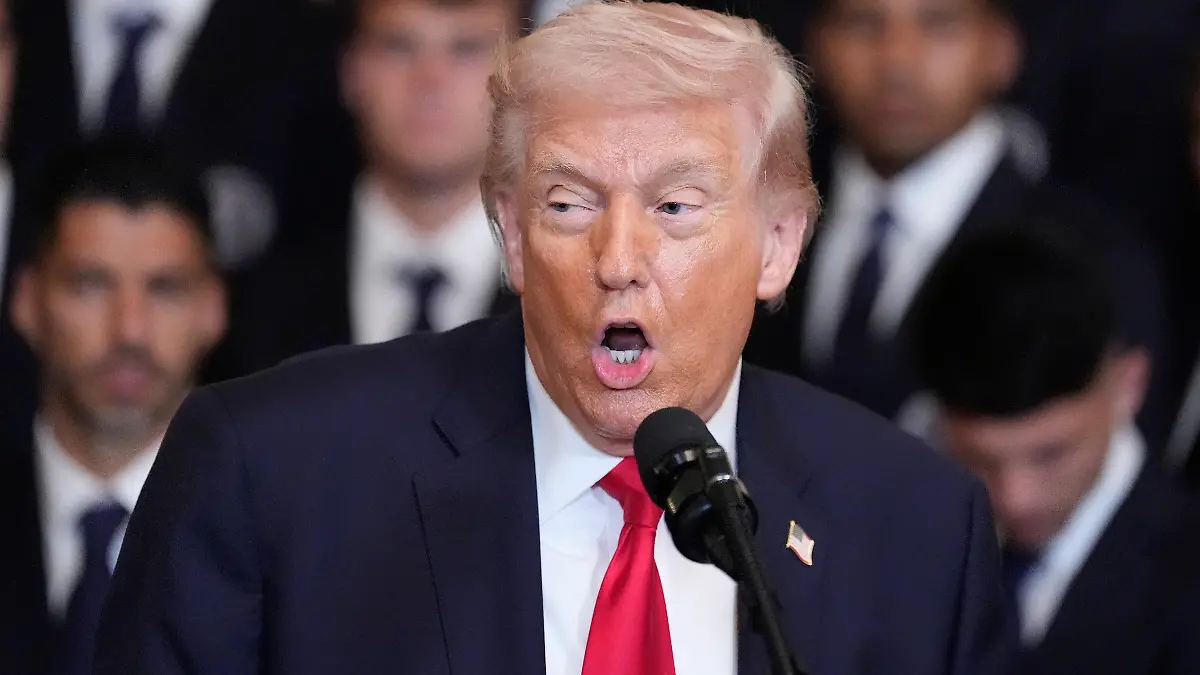 President Donald Trump speaks at an event to honor the 2025 Major League Soccer champions Inter Miami CF in the East Room of the White House, Thursday, March 5, 2026, in Washington. (AP Photo/Alex Brandon)