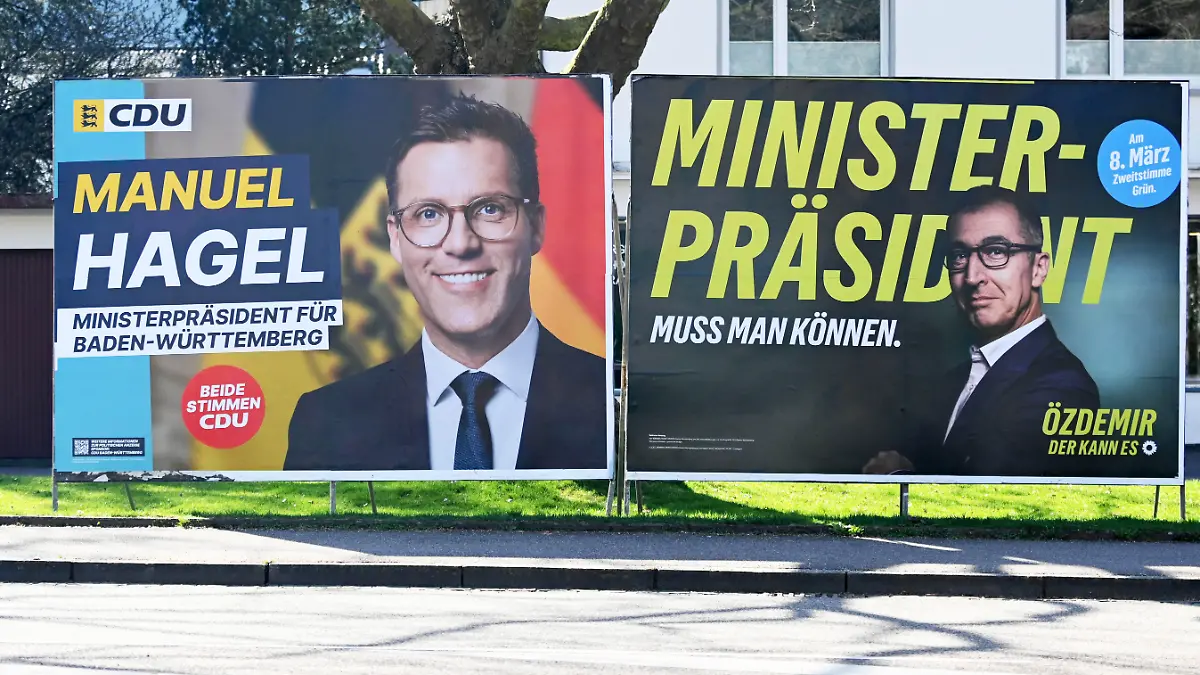 Germany, Freiburg - March 4, 2026 Election in Baden-Württemberg. The next election to the Landtag of Baden-Württemberg is scheduled to take place on 8 March 2026 Election posters for CDU and Green party in Freiburg. Manuel Hagel and Cem Özdemir