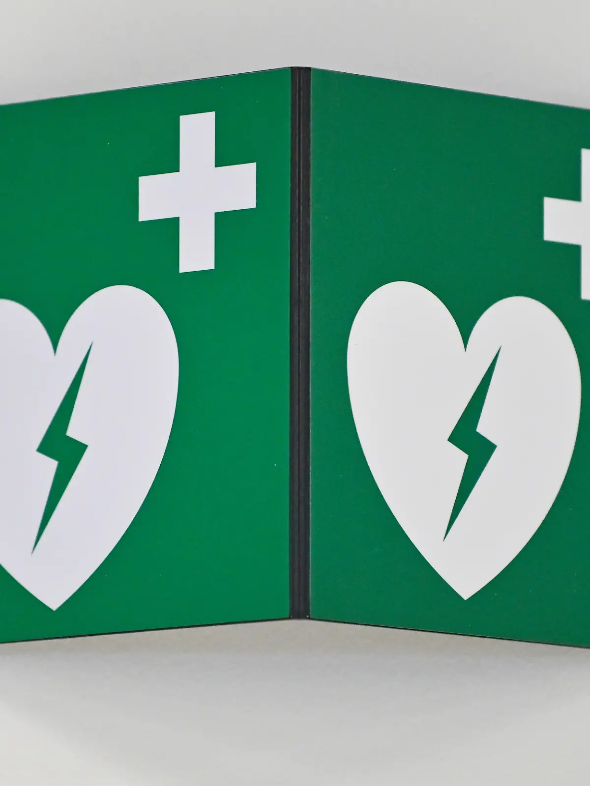 Ein Hinweisschild auf einen Defibrillator hängt an einer Wand. Gut ein Drittel aller Todesfälle bei Frauen waren im Jahr 2024 auf Erkrankungen des Herz-Kreislaufsystems zurückzuführen. (zu dpa: «Herz-Kreislauf-Erkrankung häufigste Todesursache bei Frauen») +++ dpa-Bildfunk +++