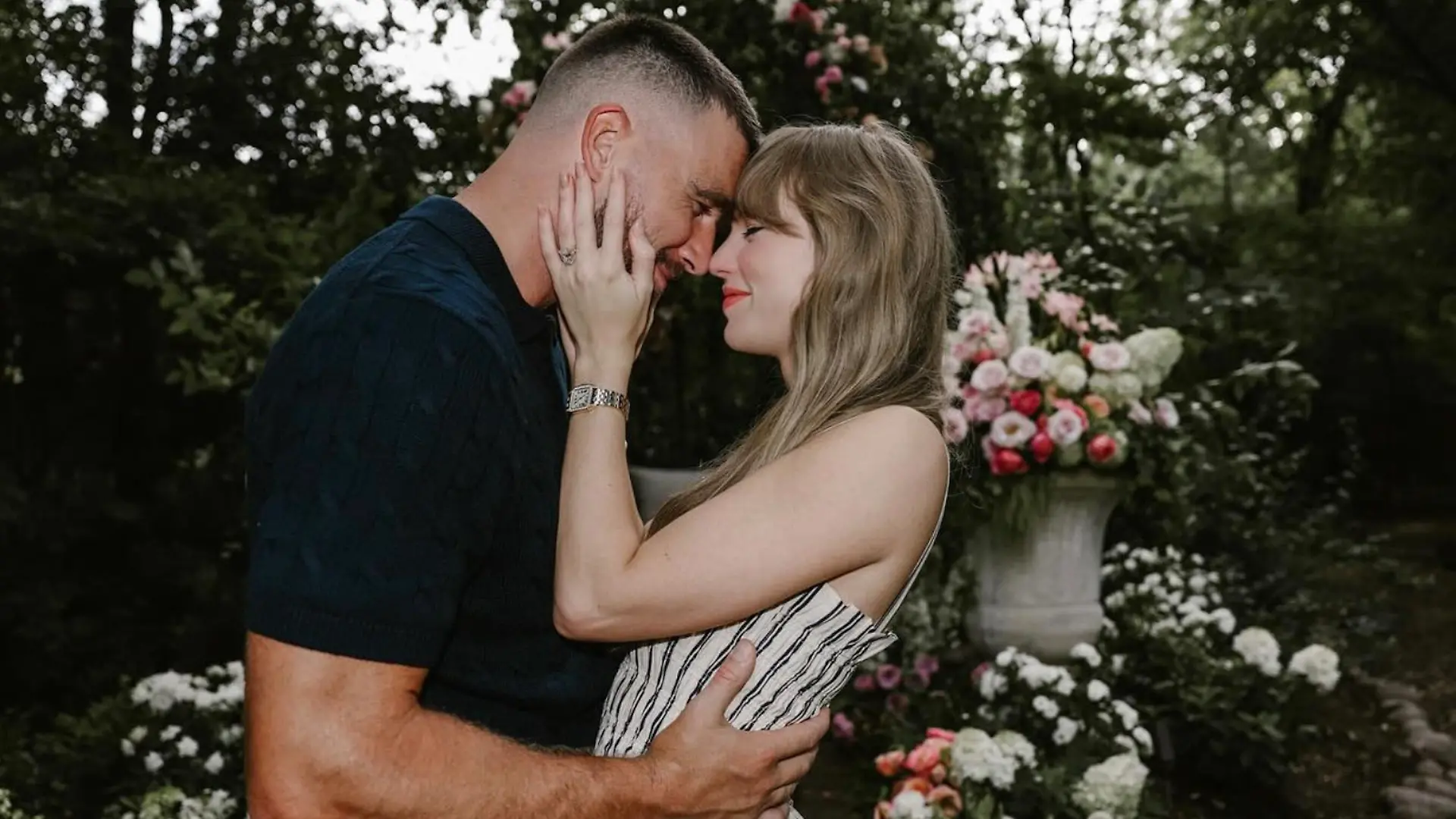 August 26, 2025, Kansas City, Missouri, USA: American Grammy-winning singer, songwriter, actress, and billionaire TAYLOR ALISON SWIFT, 35, looking into eyes of her fiance TRAVIS MICHAEL KELCE, 35. They announced their engagement on Instagram Tuesday, sharing photos of their garden proposal at flower-adorned gazebo at Kelce's home in Missouri. 'Your English teacher and your gym teacher are getting married,' the pair wrote on their social media post. Kelce is an American professional football player who is a tight end for the NFL's Kansas City Chiefs of the National Football League. Selected by the Chiefs in the third round of the 2013 NFL draft and later won Super Bowls LIV, LVII, and LVIII with the team. (Credit Image: Â© Taylor Swift and Travis Kelce/Instagram via ZUMA Press Wire
