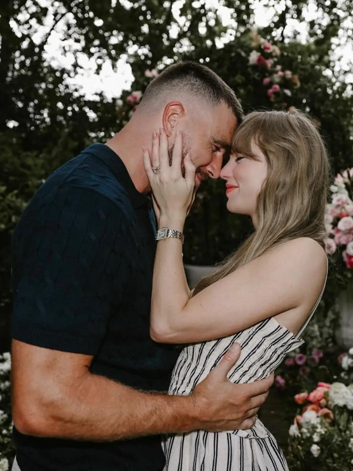 August 26, 2025, Kansas City, Missouri, USA: American Grammy-winning singer, songwriter, actress, and billionaire TAYLOR ALISON SWIFT, 35, looking into eyes of her fiance TRAVIS MICHAEL KELCE, 35. They announced their engagement on Instagram Tuesday, sharing photos of their garden proposal at flower-adorned gazebo at Kelce's home in Missouri. 'Your English teacher and your gym teacher are getting married,' the pair wrote on their social media post. Kelce is an American professional football player who is a tight end for the NFL's Kansas City Chiefs of the National Football League. Selected by the Chiefs in the third round of the 2013 NFL draft and later won Super Bowls LIV, LVII, and LVIII with the team. (Credit Image: © Taylor Swift and Travis Kelce/Instagram via ZUMA Press Wire