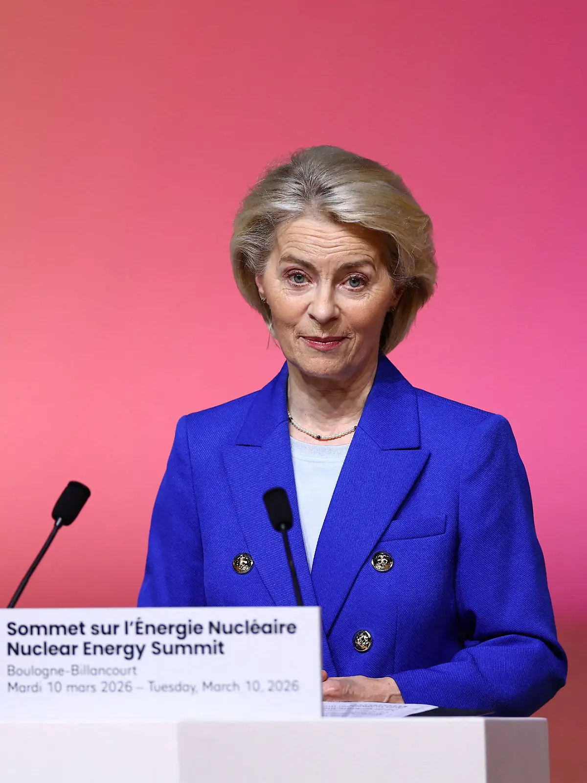 European Commission President Ursula von der Leyen addresses the Nuclear Energy Summit at the Seine Musicale venue in Boulogne-Billancourt, outside Paris, on March 10, 2026. (Photo by Abdul Saboor / POOL / AFP)