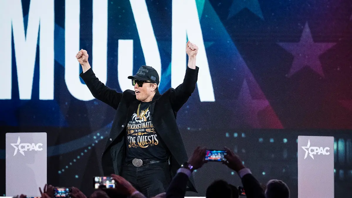 Elon Musk arrives on stage before speaking, during day 1 of the 2025 Conservative Political Action Conference, at the Gaylord National Resort & Convention Center, in Oxon Hill, Maryland, on Thursday, February 20, 2025. (Graeme Sloan/Sipa USA)