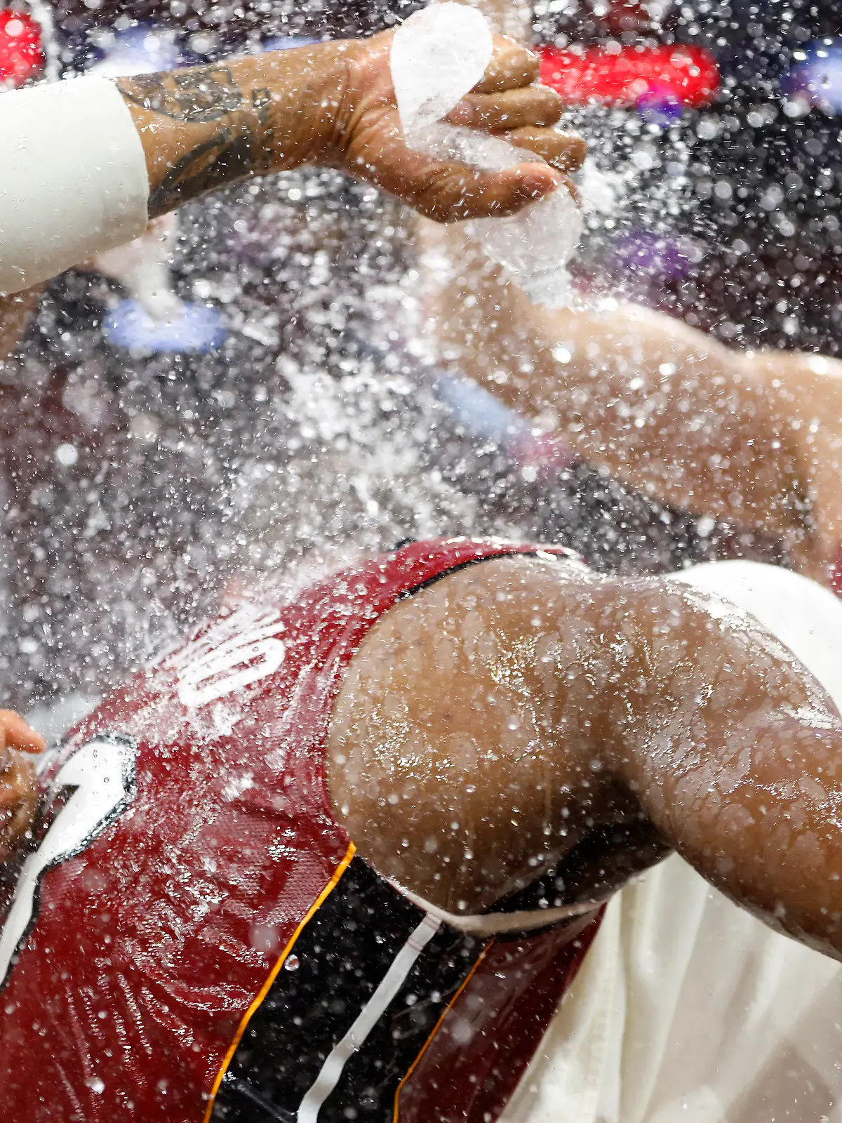 Mar 10, 2026; Miami, Florida, USA;  Miami Heat center Bam Adebayo (13) celebrates with teammates after becoming the NBA's second highest scorer of points, with 83 in a game against the Wshington Wizards at Kaseya Center. Mandatory Credit: Rhona Wise-Imagn Images