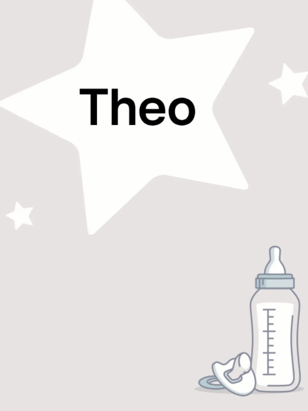 Schriftzug des Vornamens Theo auf grauem Hintergrund mit Sternen
