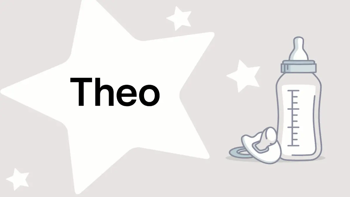 Schriftzug des Vornamens Theo auf grauem Hintergrund mit Sternen