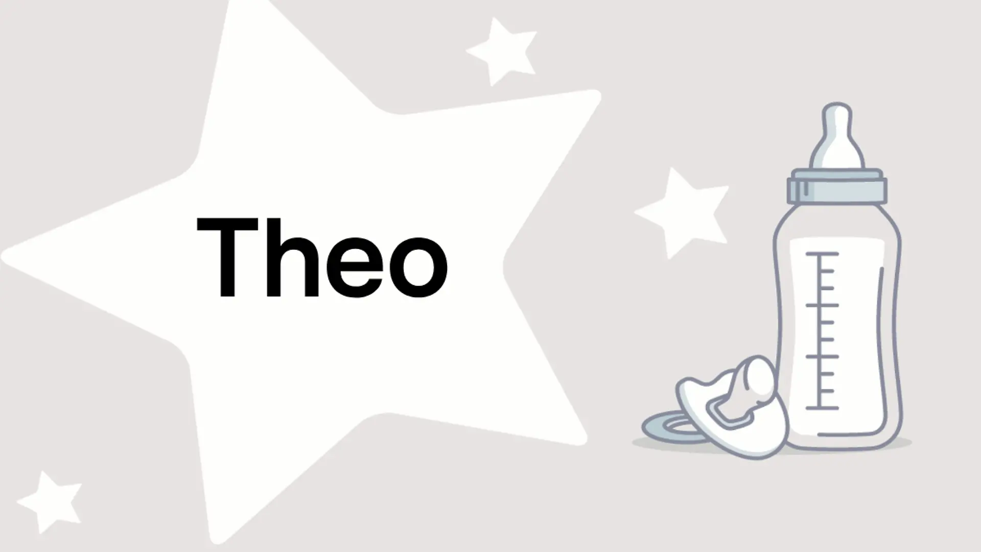 Schriftzug des Vornamens Theo auf grauem Hintergrund mit Sternen