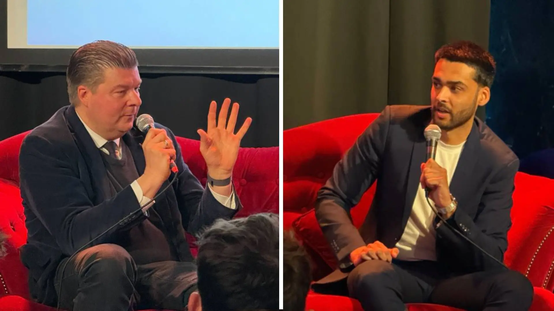Der Hamburger Finanzsenator Andreas Dressel (SPD, links im Bild) und der Hamburger Landesvorsitzende der Grünen, Leon Alam, auf einer Podiumsdiskussion zur Klimapolitik am Dienstag (10. März).
