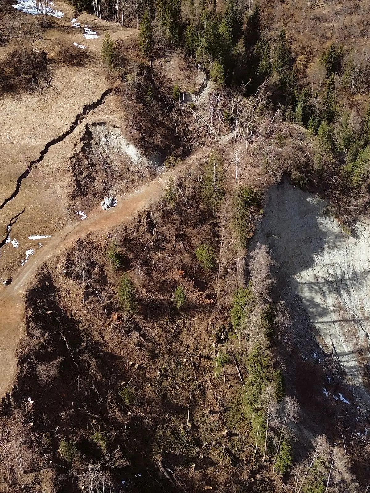 Bruchlinie im Erdreich im Schweizer Kanton Wallis: Aus der Luft ist ein Riss im Erdreich an einem Hang im Val d’Anniviers zu sehen. Die Bruchlinie ist inzwischen 250 Meter lang und zwischen 80 Zentimetern und einem Meter breit. Der Spalt wächst jeden Tag um etwa zwei bis vier Millimeter. 