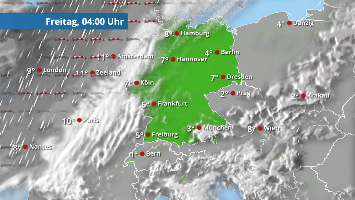 Prognose vom 12. März Der Regen- und Wolkenfilm für 48 Stunden