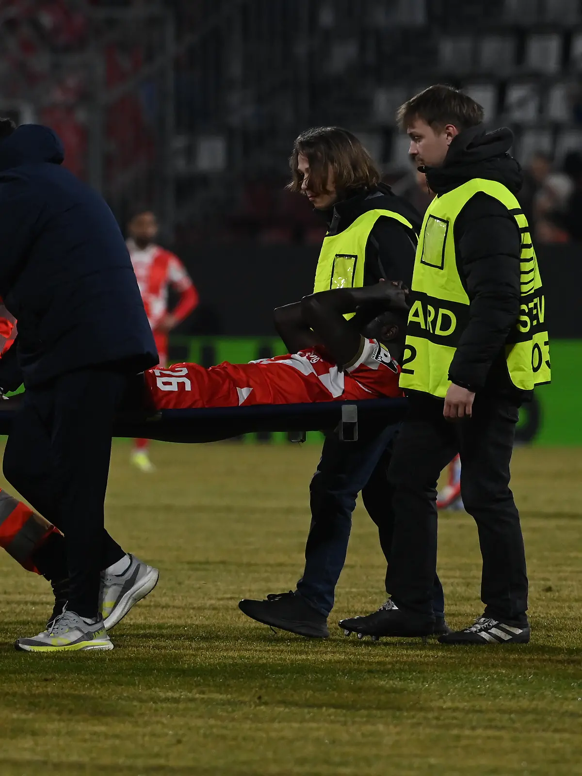 Injured Silas Katompa Mvumpa (Mainz) on a stretcher during the UEFA Conference League, round of 16, 1st leg, match SK Sigma Olomouc vs 1. FSV Mainz 05, in Olomouc, Czech Republic, on March 12, 2026. (CTK Photo/Ludek Perina)
