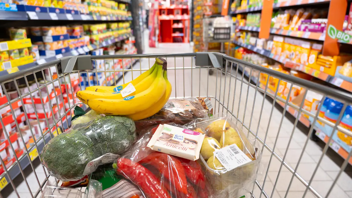 Frisches Gemüse, Obst und Schokolade, Einkaufswagen mit Lebensmitteln, Lebensmitteleinkauf, Supermarkt, Trier, Deutschland