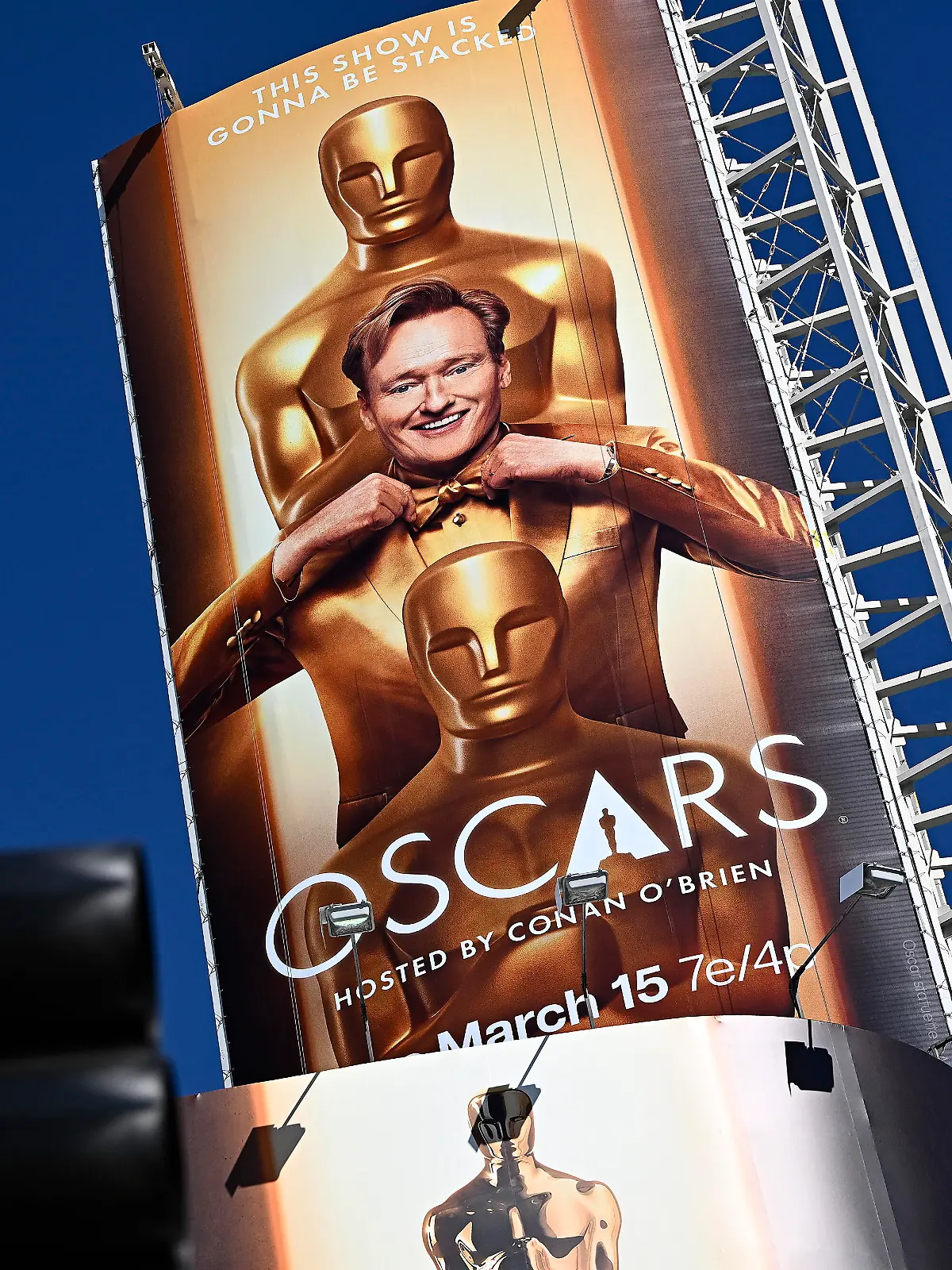 Signage for the 98th Academy Awards hosted by Conan O'Brian seen above the Ovation Hollywood shopping center and the Dolby Theatre where the Oscars will be aired, Los Angeles CA, March 12, 2026. (Photo by Anthony Behar/Sipa USA)