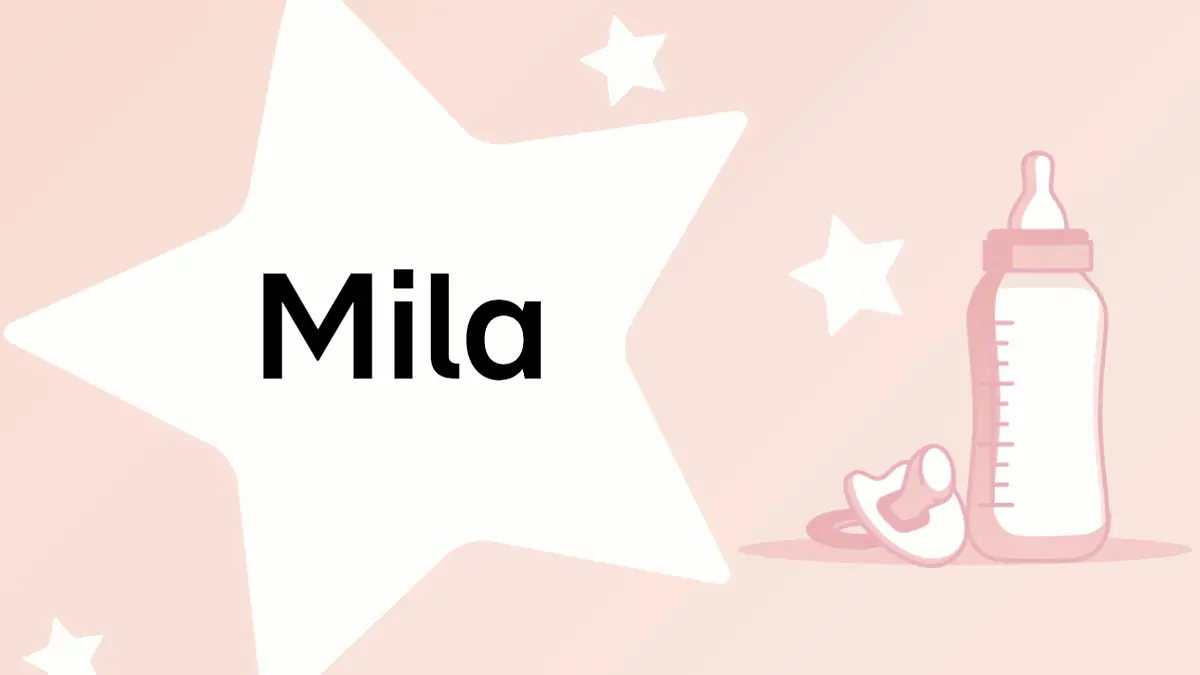 Schriftzug des Vornamens Mila auf rosa Hintergrund mit Sternen