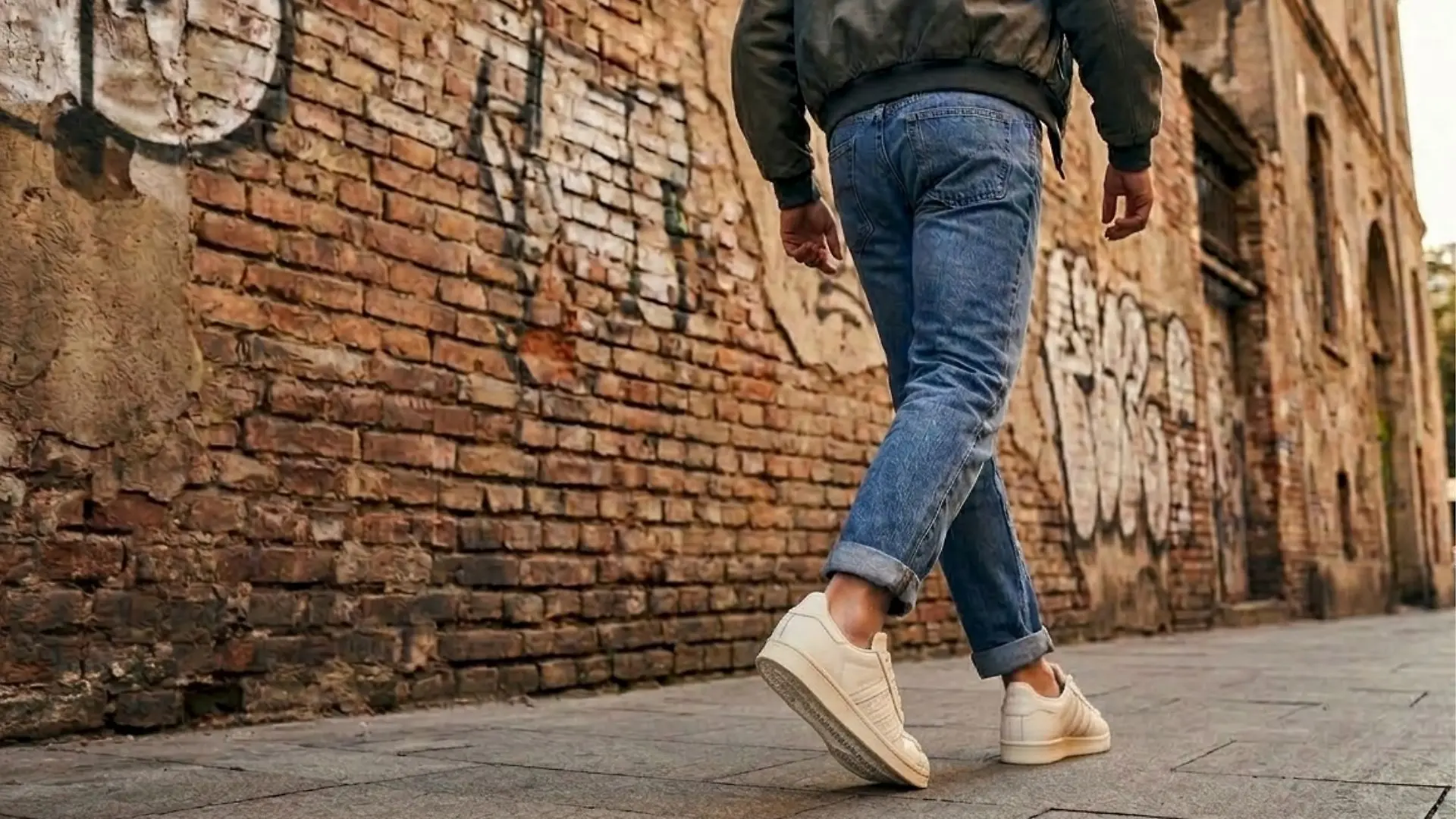 Mann geht auf einer Straße und trägt Retro-Sneaker von Adidas.