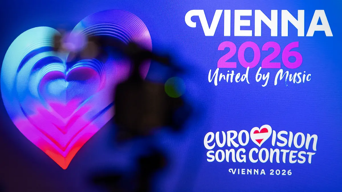 Das Logo von "Vienna 2026 United by Music" bei der Videopremiere des Schweizer "ESC"-Songs von Veronica Fusaro fuer den 70. "Eurovision Song Contest", am Mittwoch, 11. Maerz 2026 in Zuerich. (KEYSTONE/Andreas Becker)
