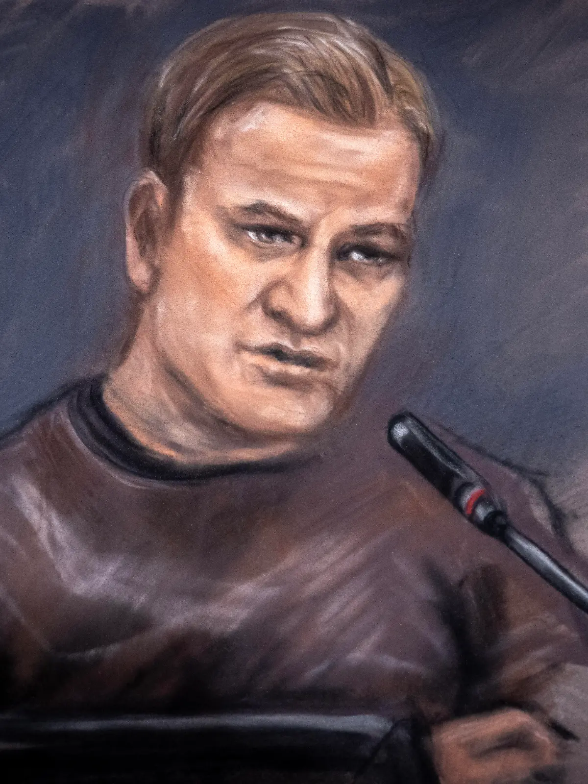 Oslo 20260225. Court drawing of Marius Borg Hoiby on Wednesday. Hoiby (29) is charged with a total of 38 incidents, including four rapes in bed, assault, violence, threats, damage, storage and delivery of marijuana, violation of a restraining order and violation of the Road Traffic Act. He partially pleads guilty to the one victim, the "Frogner woman", and the charge of threats. He also pleads guilty to violations of the Road Traffic Act, the restraining order and the drug charge. He denies the rest of the charges. There are a total of seven victims. Drawing: Ane Hem / NTB