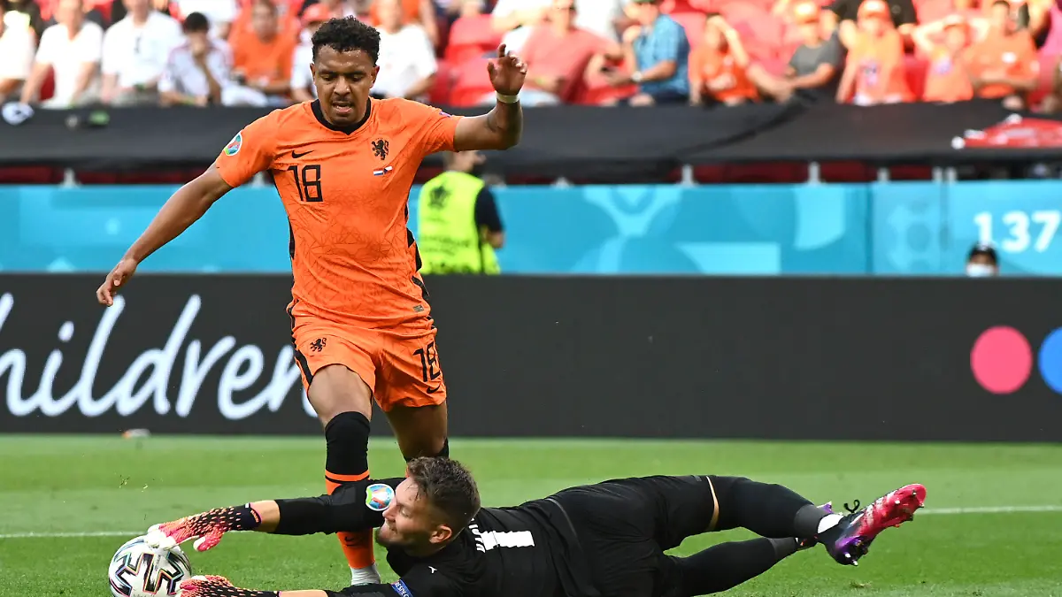 Donyell Malen of the Netherlands, left, challenges for the ball with Czech Republic's goalkeeper Tomas Vaclik during the Euro 2020 soccer championship round of 16 match between the Netherlands and Czech Republic at the Puskas Arena in Budapest, Hungary, Sunday, June 27, 2021. (Attila Kisbenedek/Pool via AP)
