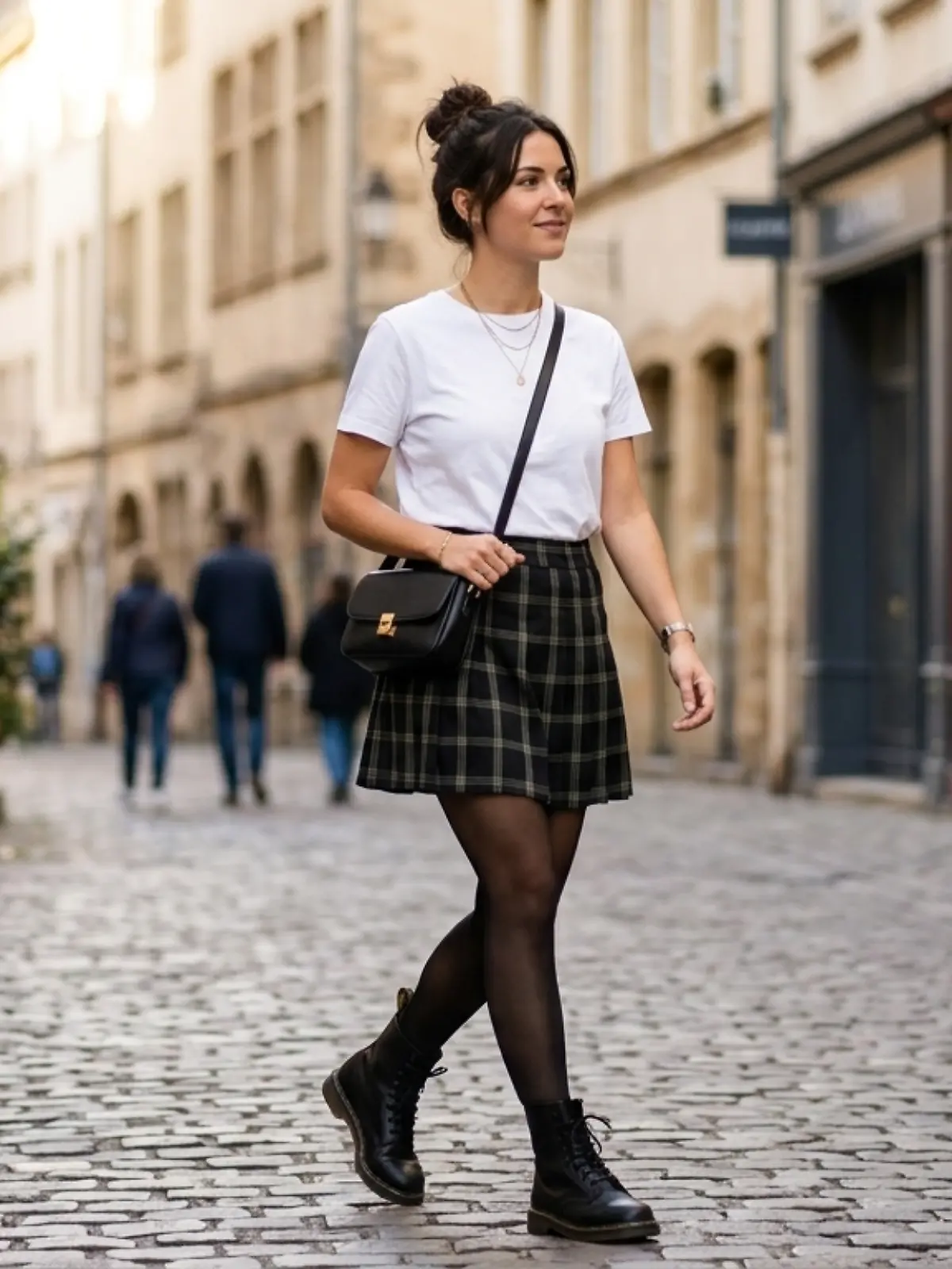 Frau geht durch die Stadt und trägt einen Rock von Bonprix.