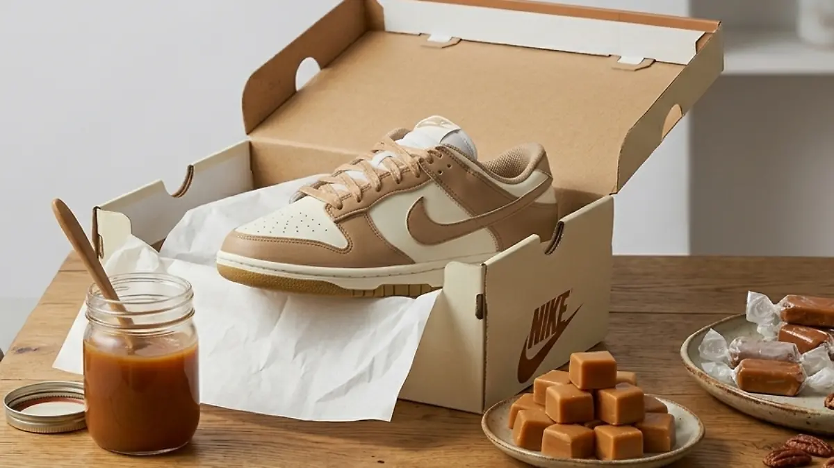 Der Nike Dunk Low liegt mit Karamell in Glas und Bonbon-Form zusammen auf einem Tisch.