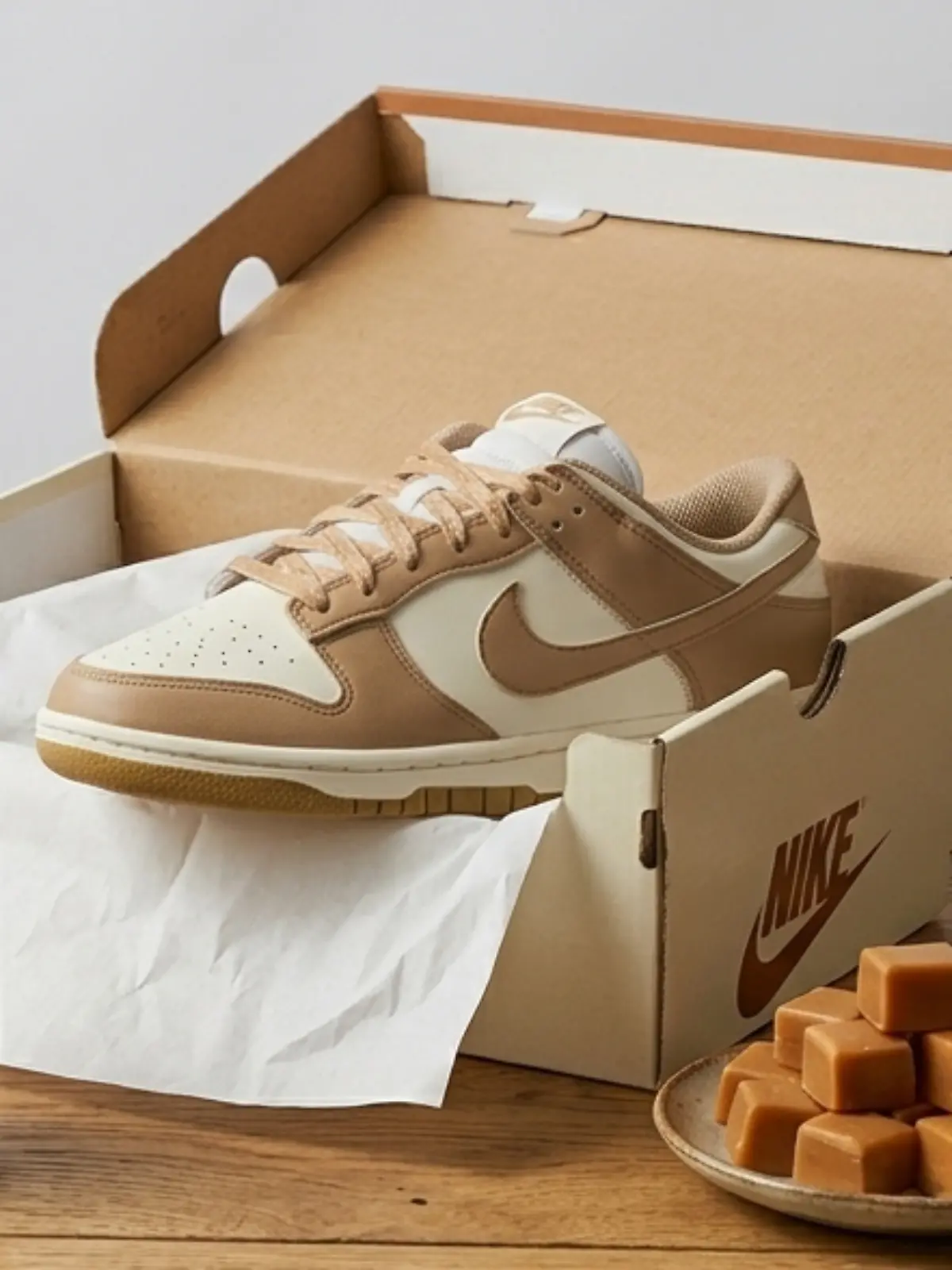 Der Nike Dunk Low liegt mit Karamell in Glas und Bonbon-Form zusammen auf einem Tisch.