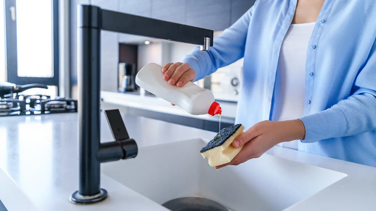 Frau wäscht Geschirr mit Schwamm und Spülmittel ab