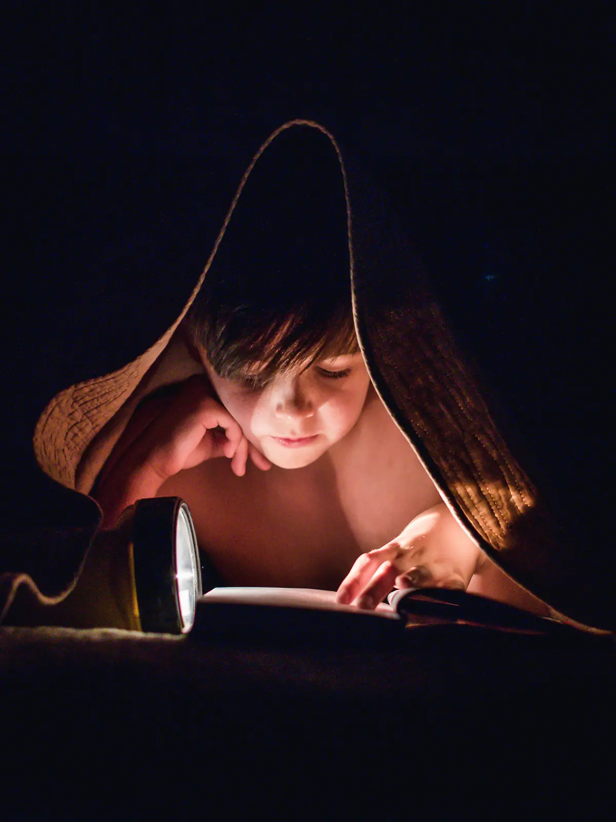  Young boy reading a book under a blanket using a flashlight. Kingston, ON, Canada PUBLICATIONxINxGERxSUIxAUTxONLY CR_DOHO200717O-443780-01 ,model released, Symbolfoto