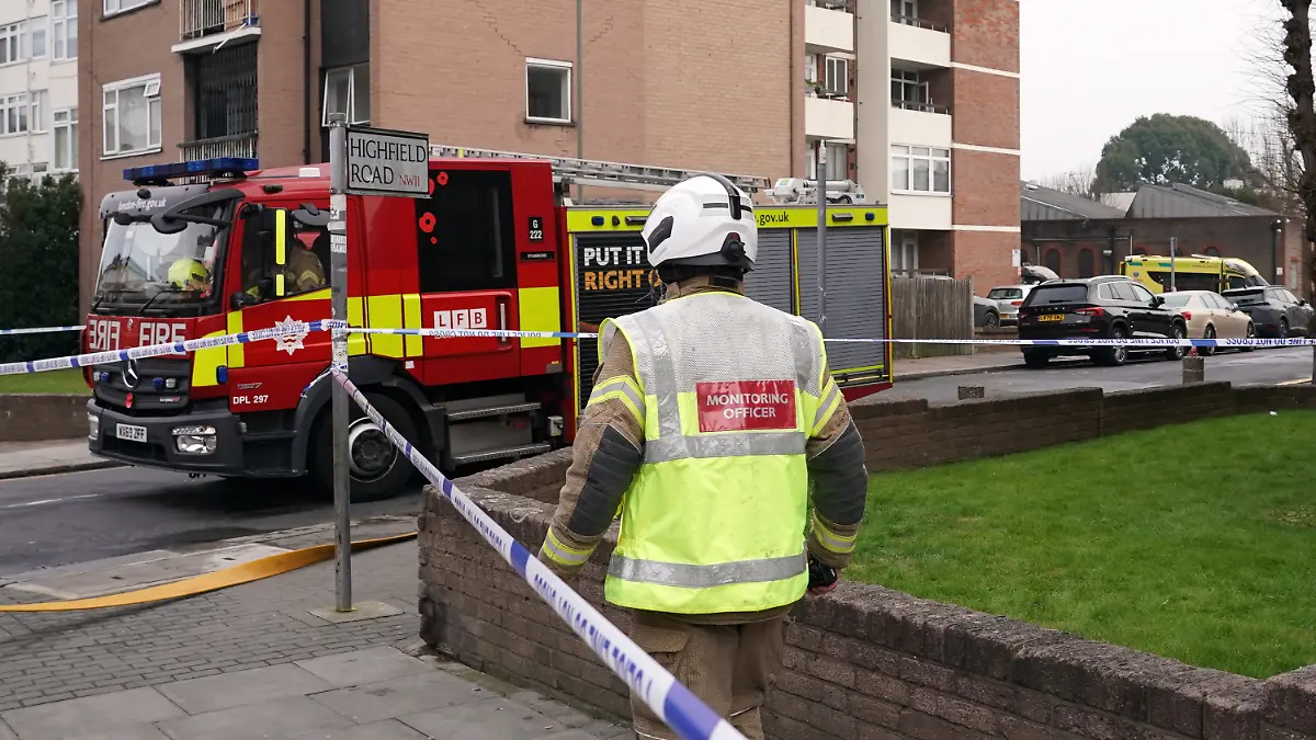 Firefighters respond to a fire in Golders Green, London, Monday, March 23, 2026 after an apparent arson attack on four vehicles belonging to a Jewish ambulance service, Hatzola Northwest, in London.(AP Photo/Alberto Pezzali)