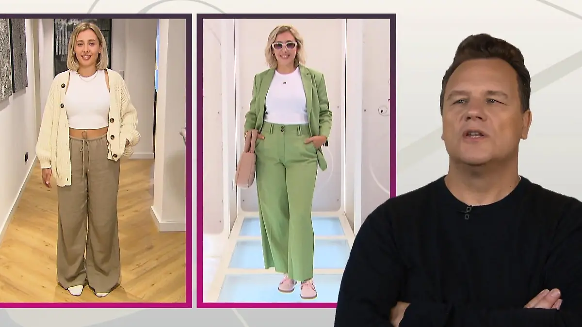 Shopping Queen: 2 Bilder zum Vergleich: Anastasia im legeren Look am Morgen und mit Anzug und Sneakern nach der Shopping Tour