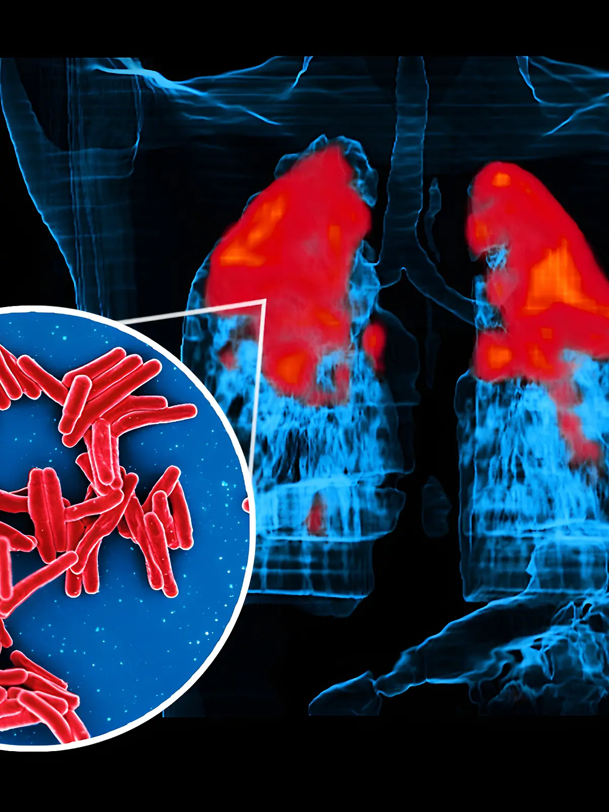 Scanning electron micrograph of Mycobacterium tuberculosis bacteria, which cause TB (circular foreground image bacteria is colorized red) and a PET/CT scan showing TB infection (red) in a patient?s lungs (background image).
