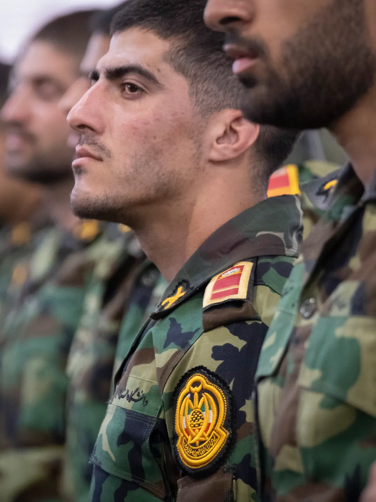 Iranian Army Ground Force military personnel participate in a Friday prayers ceremony at the University of Tehran in Tehran, Iran, on April 11, 2025. (Photo by Morteza Nikoubazl/NurPhoto)