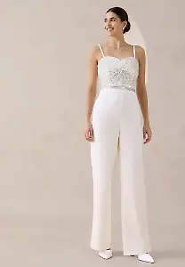 Overall aus strukturiertem Crepe mit Perlenstickerei