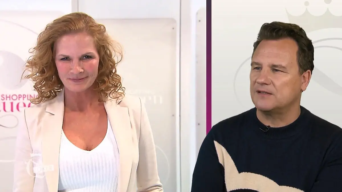 Shopping Queen: Bildmontage: Guido Maria Kretschmer neben einem Bild von Kandidatin Rebecca in ihrem neuen Outfit