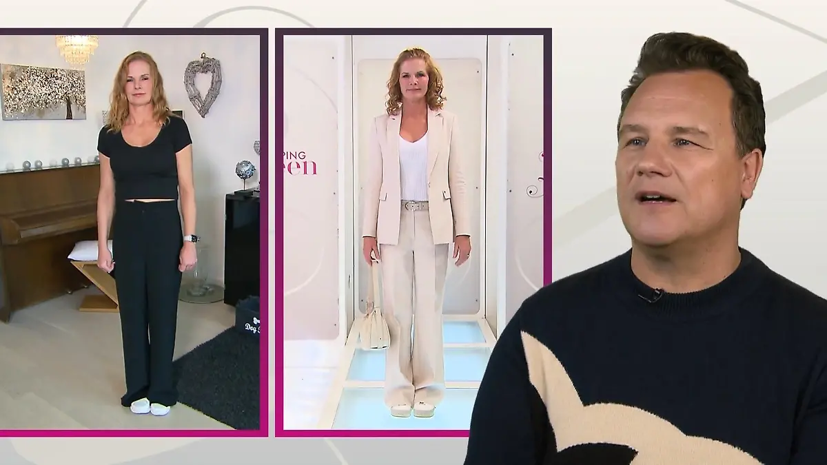 Shopping Queen: Bildmontage: Rebeccas Outfit am Morgen und nach dem Umstyling, daneben Guido Maria Kretschmer