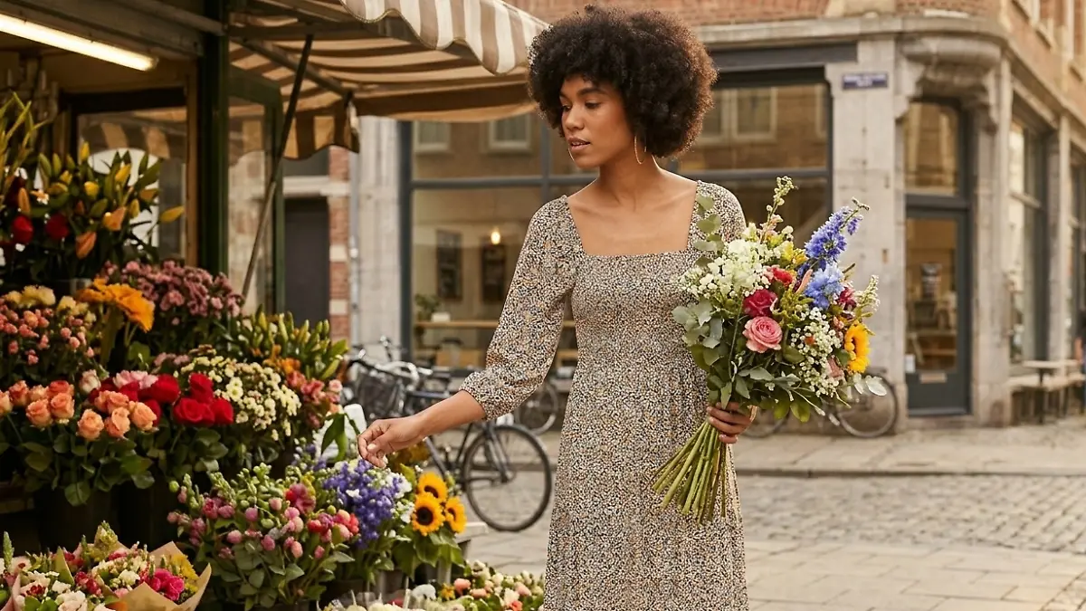 Frau trägt ein Kleid mit Blumenmuster und schaut sich Blumen an bei einem Floristen.